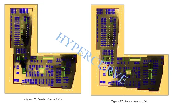 Three-dimensional smoke distribution views at 150 and 300 seconds